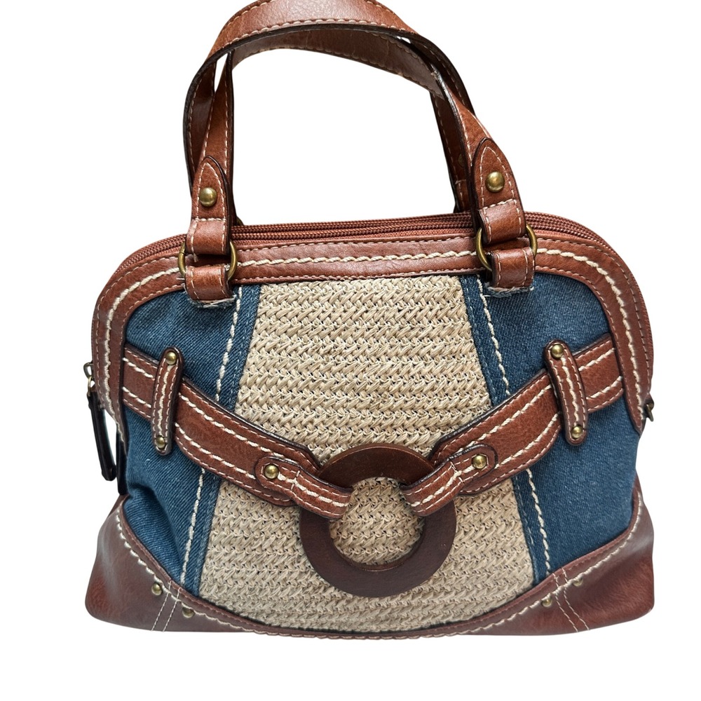 boc Small Handbag Shoulder Denim Faux Leather Woven Tan Western Boho - Picture 1 of 14